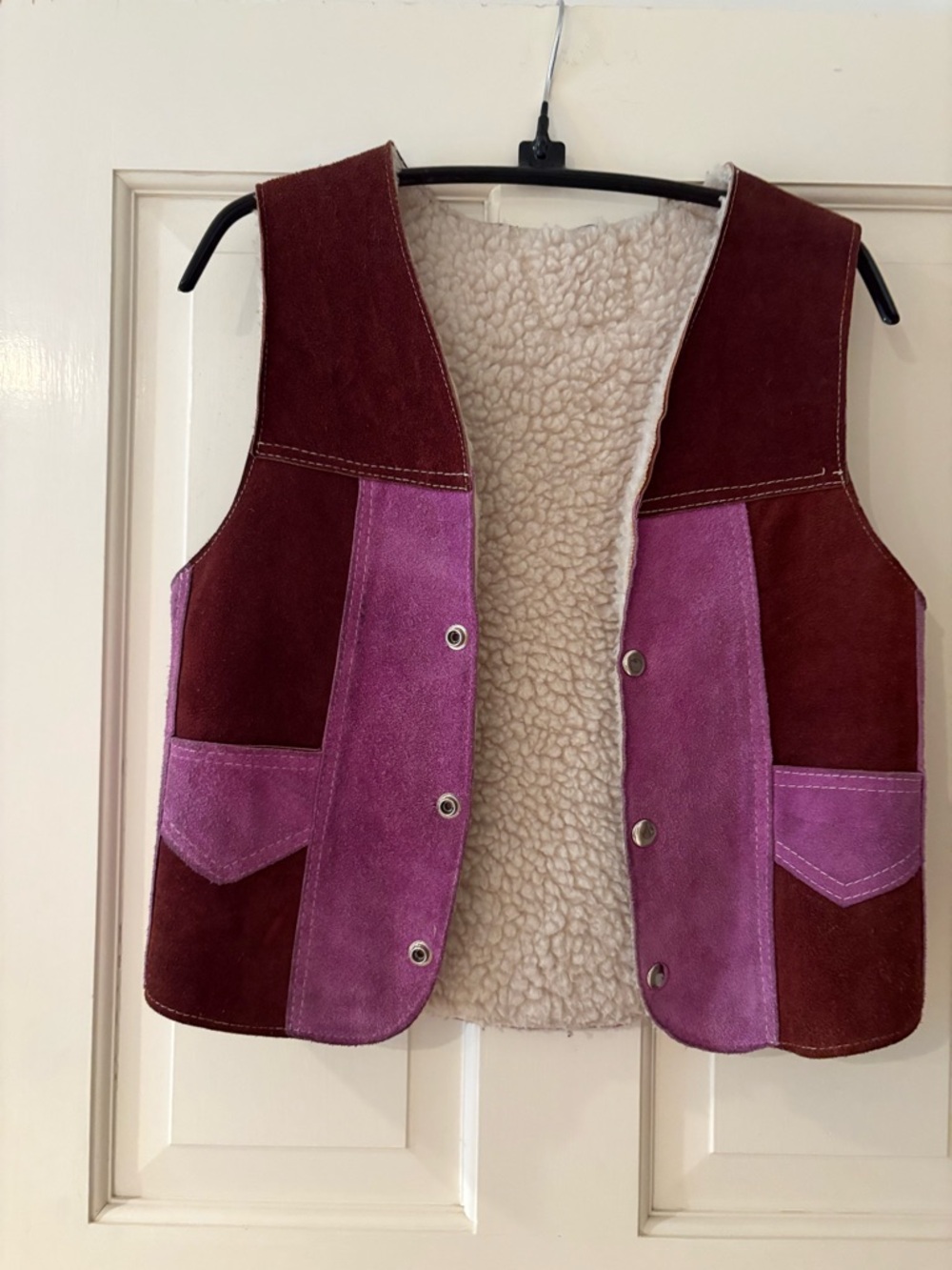 Vintage Two-Tone Suede Sherpa-Lined Vest in Plum and Magenta. Size XS